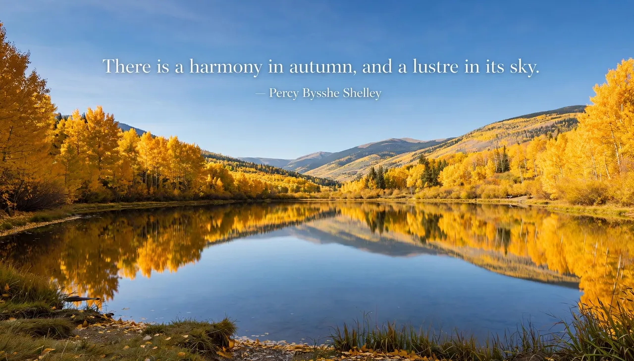 Calm lake reflecting golden autumn trees under clear blue sky, with quote "There is a harmony in autumn, and a lustre in its
