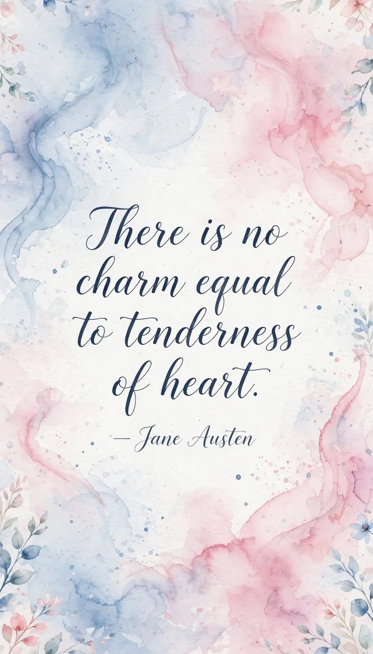 Soft blue and pink watercolor phone wallpaper displaying the quote "There is no charm equal to tenderness of heart. — Jane