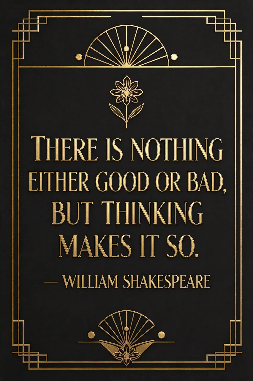 Art deco poster with a gold geometric frame on black, displaying the quote "There is nothing either good or bad, but