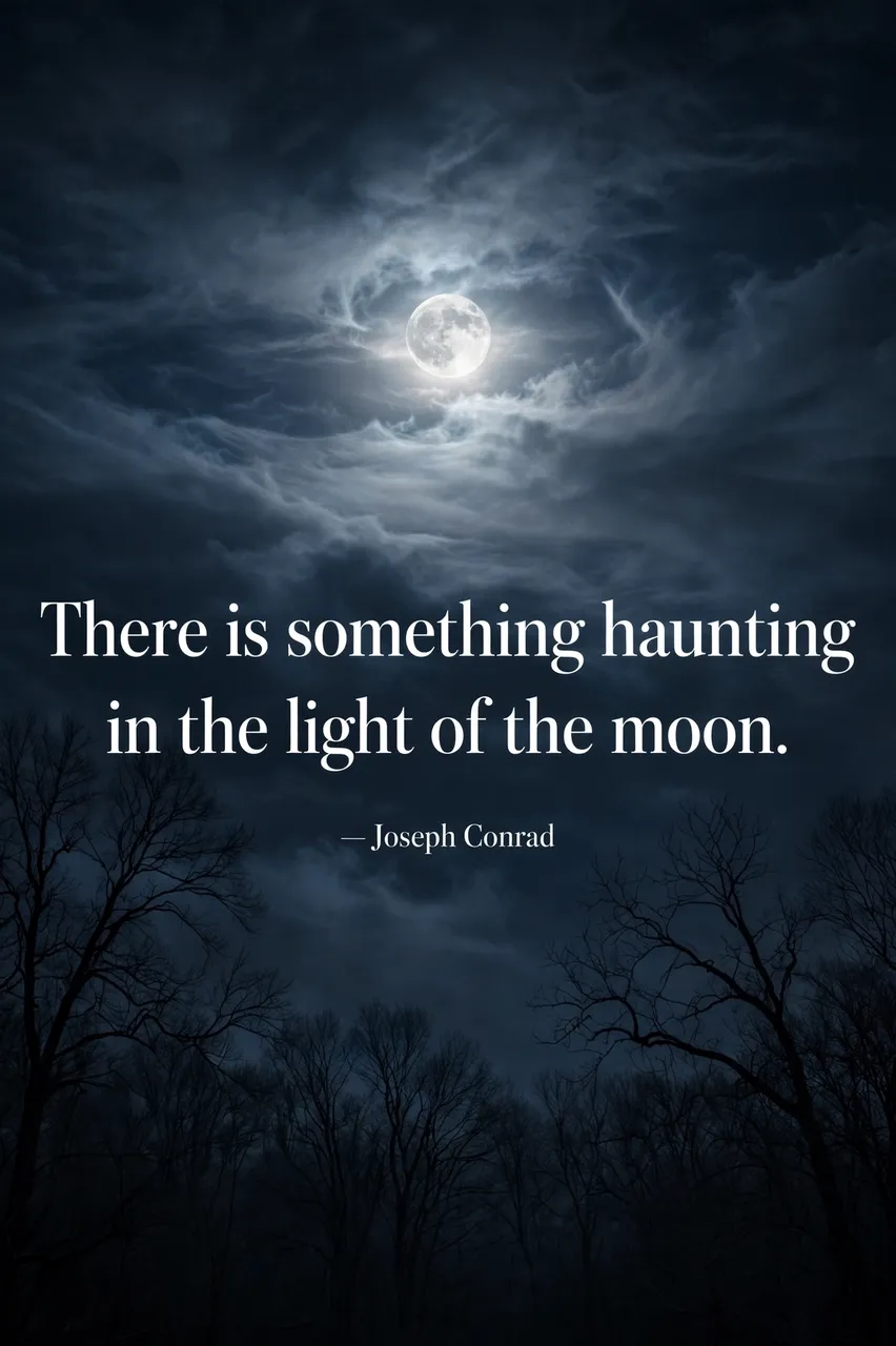 Glowing full moon through thin clouds over bare dark trees, with the quote "There is something haunting in the light of the