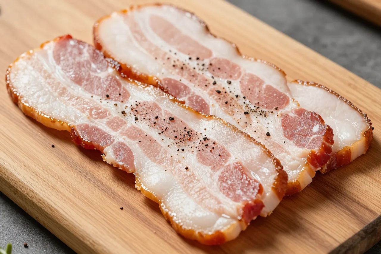 Seasoned thick sliced bacon rests on a light wooden cutting board with cracked black pepper.