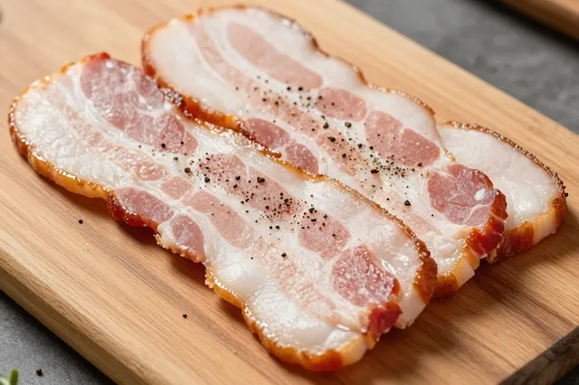Seasoned thick sliced bacon rests on a light wooden cutting board with cracked black pepper.