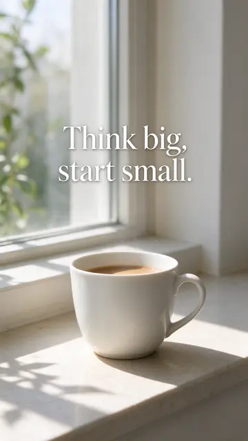 Sunlit windowsill holding a white coffee cup, with soft serif quote text reading "Think big, start small."