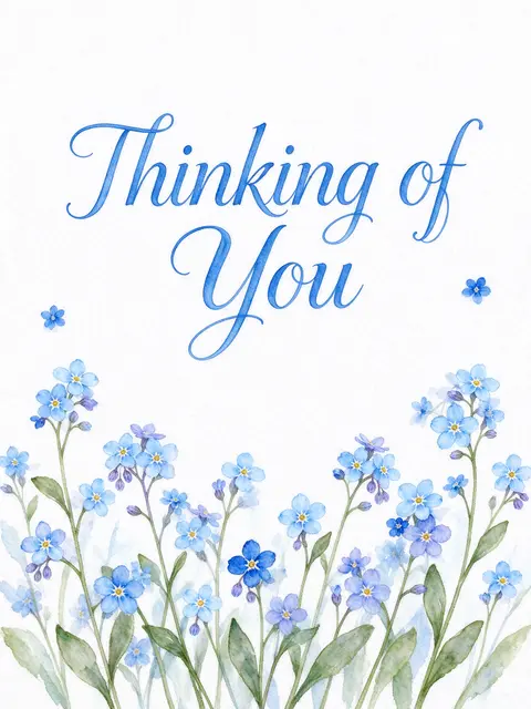 Delicate blue watercolor forget-me-not flowers frame the text "Thinking of You" on textured white paper