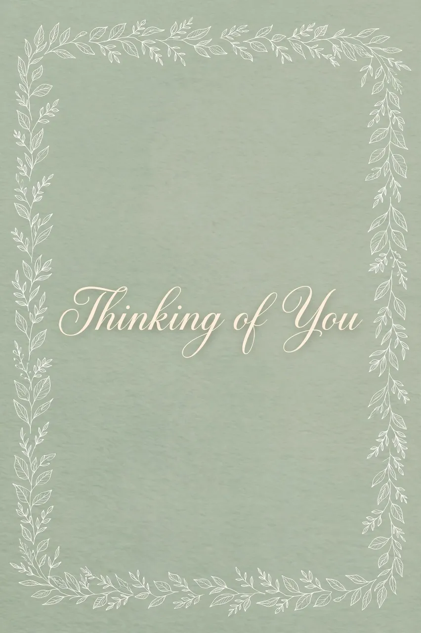 Centered cream script "Thinking of You" text framed by a white line leaf border on a soft sage green background