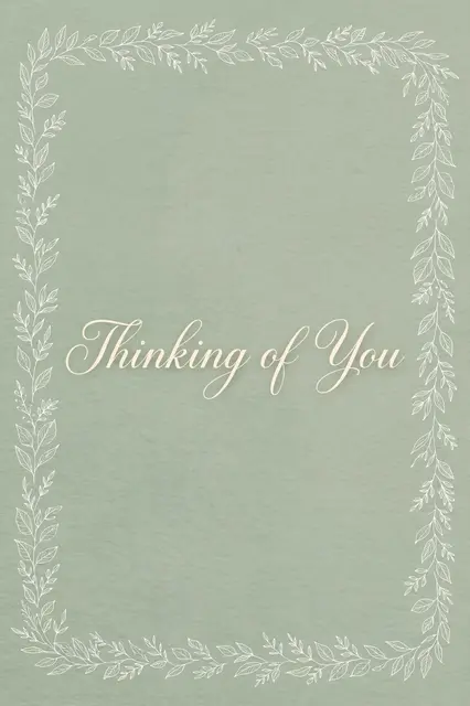 Centered cream script "Thinking of You" text framed by a white line leaf border on a soft sage green background