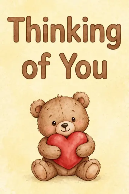 Cute illustrated teddy bear holding a red heart below "Thinking of You" text on pale yellow background