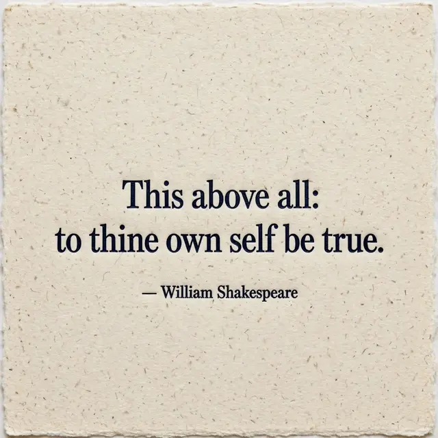 Letterpress quote reading "This above all: to thine own self be true" printed in navy ink on textured cream cotton paper.