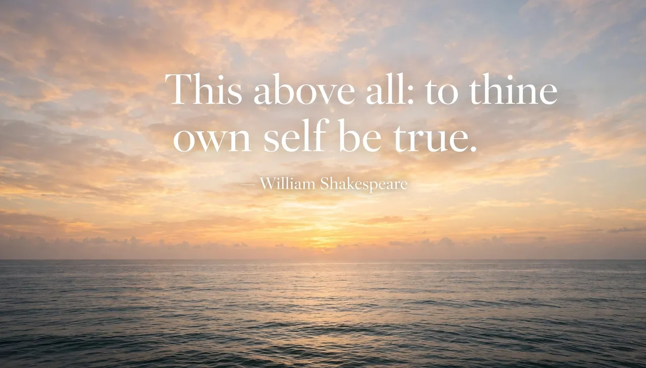Sunrise over a calm ocean horizon with soft white serif text reading "This above all: to thine own self be true" attributed