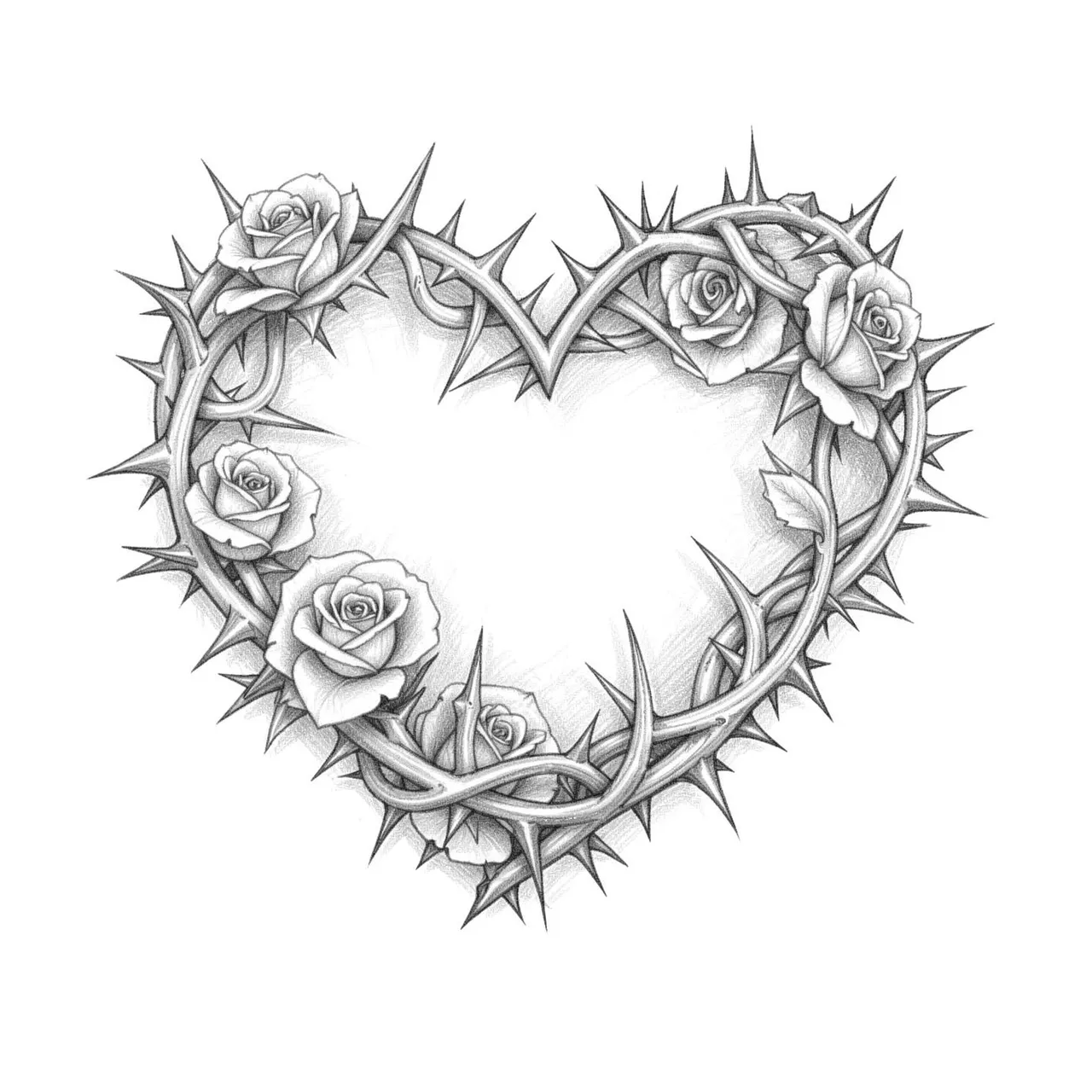 Graphite pencil sketch of a heart made from thorny rose vines set against white paper