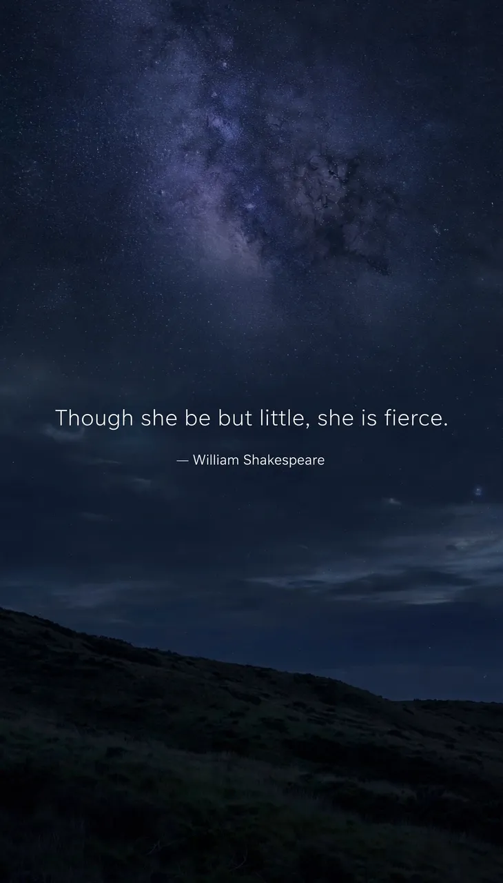 Vertical night sky wallpaper with starry Milky Way above a dark hill, displaying the quote "Though she be but little, she is