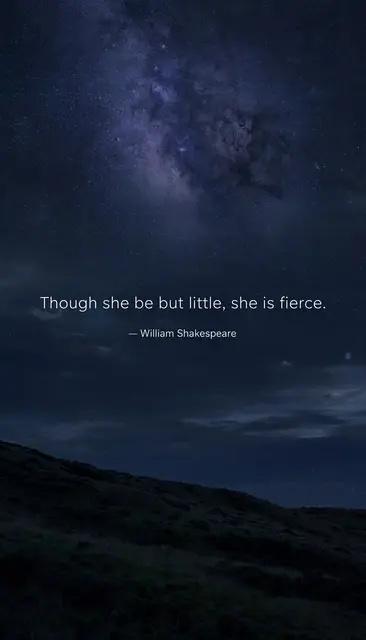 Vertical night sky wallpaper with starry Milky Way above a dark hill, displaying the quote "Though she be but little, she is