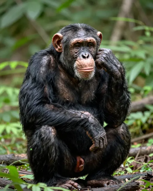 A chimpanzee sits thoughtfully with one hand resting near its face in a dense green forest.
