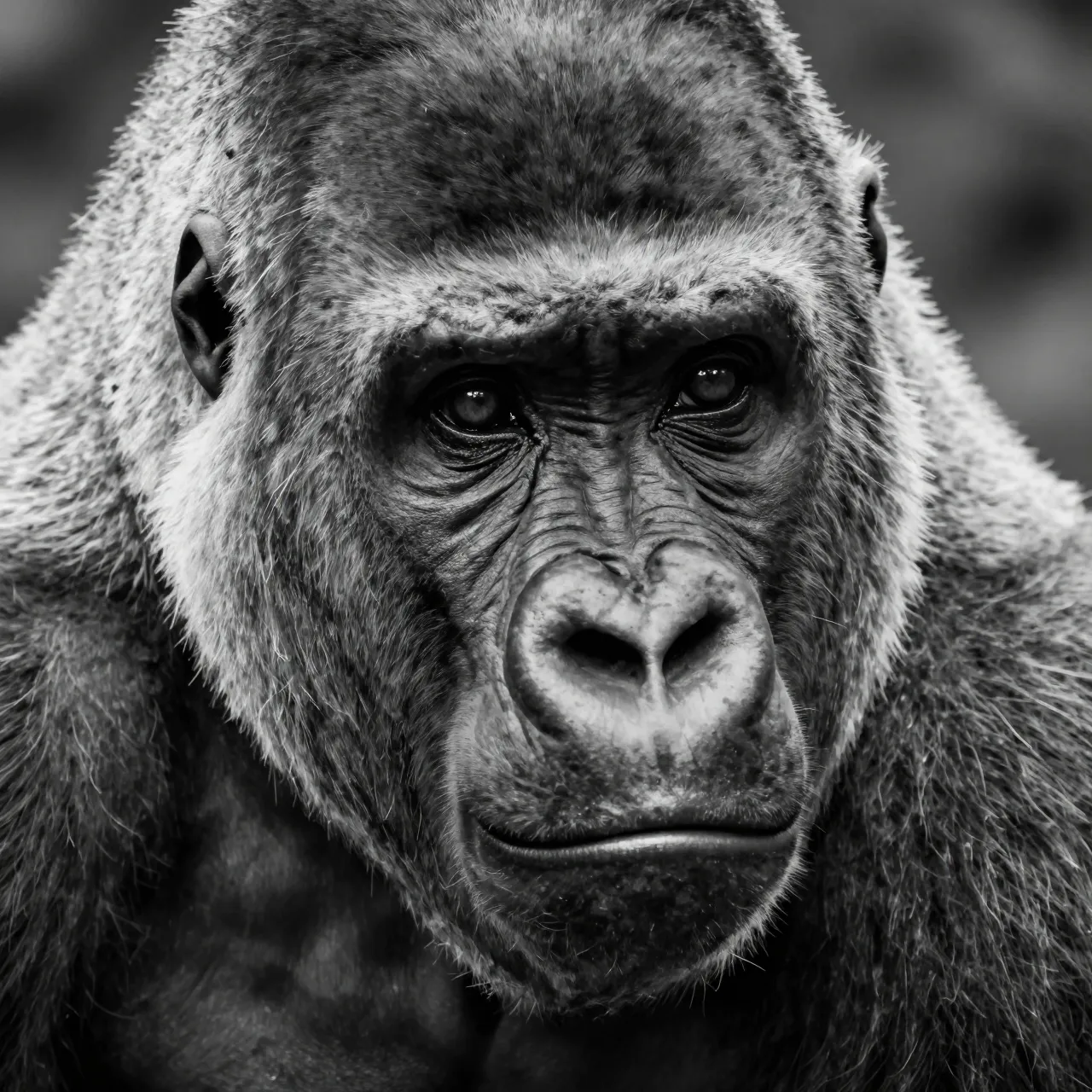 Black and white close-up portrait of a gorilla's face with deep brow lines and calm, thoughtful eyes