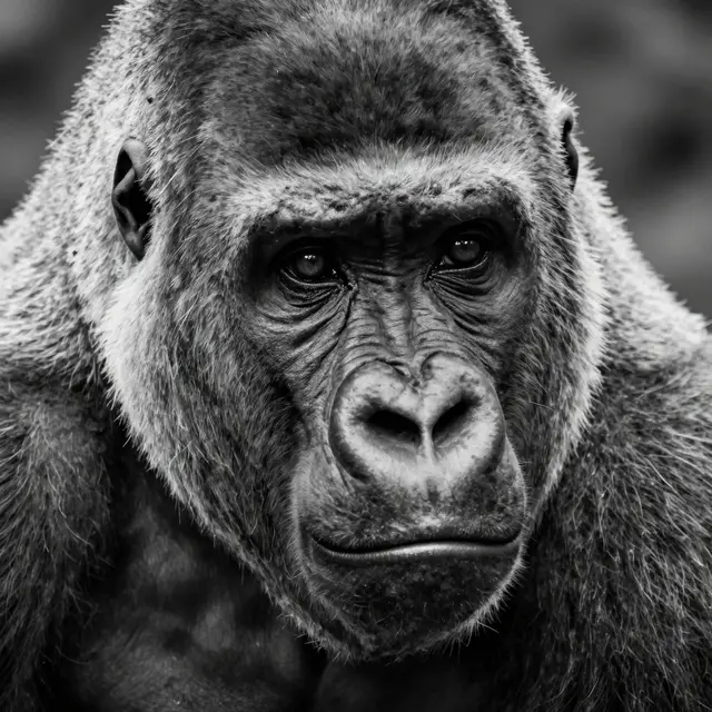 Black and white close-up portrait of a gorilla's face with deep brow lines and calm, thoughtful eyes