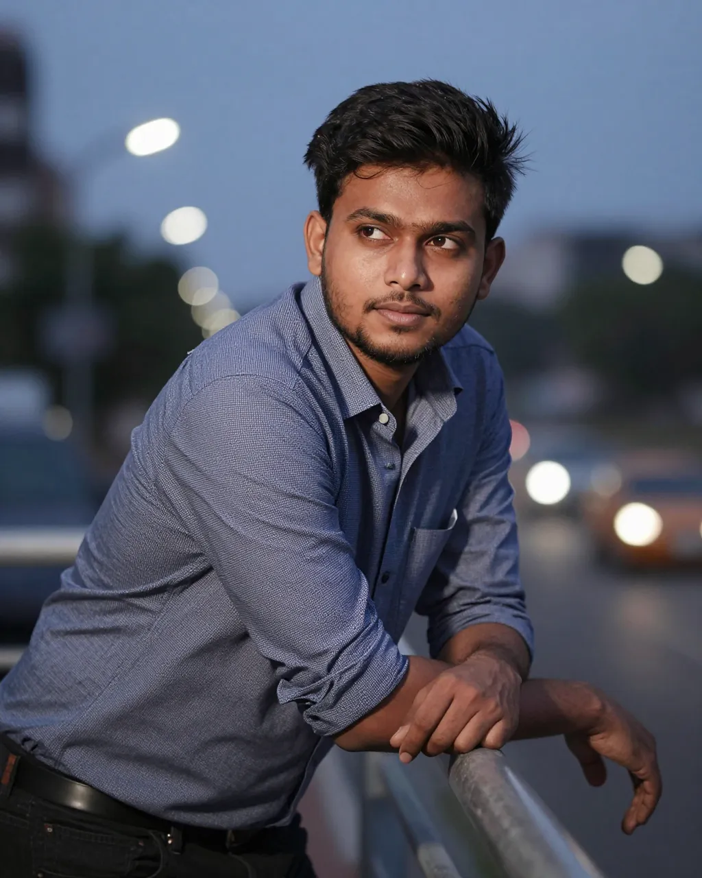 A thoughtful South Asian man leans on a railing as blurred street lights glow behind him at dusk