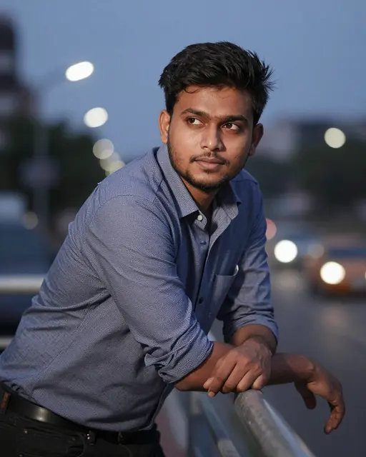 A thoughtful South Asian man leans on a railing as blurred street lights glow behind him at dusk