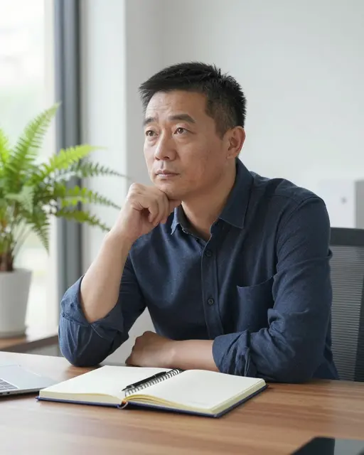 East Asian man in his forties rests his chin on his hand while thinking at a sunlit home desk with a notebook and fern plant.