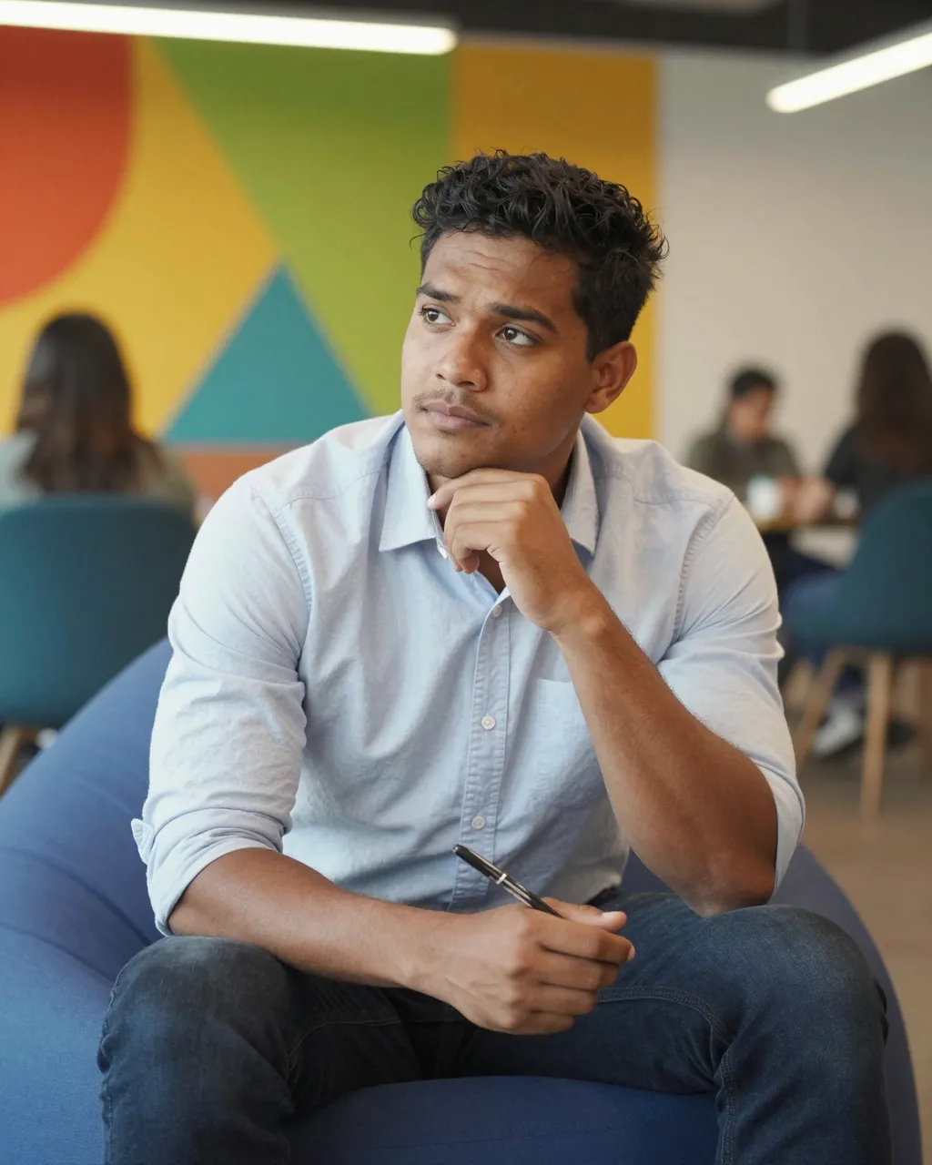 A pensive man sits on a blue beanbag holding a pen in a colorful coworking lounge