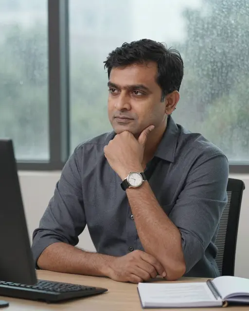 Pensive South Asian man rests his chin on his hand while sitting at an office desk next to a rain-streaked window.