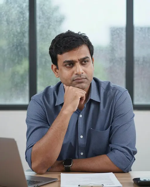 Pensive South Asian man rests his chin on his hand at a desk next to a rain-streaked office window