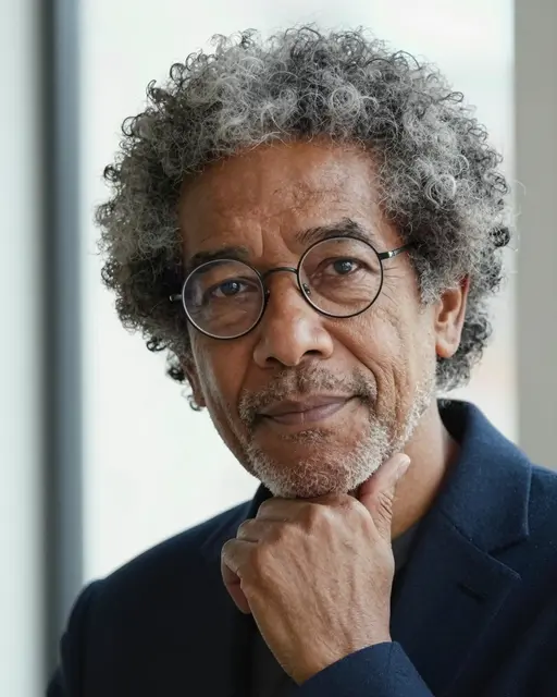 Portrait of a mixed-race senior man in round glasses resting his chin on his hand by a bright window