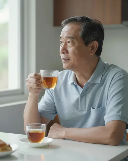 Older Southeast Asian man sits at a kitchen table holding a tea cup, gazing out the window thoughtfully