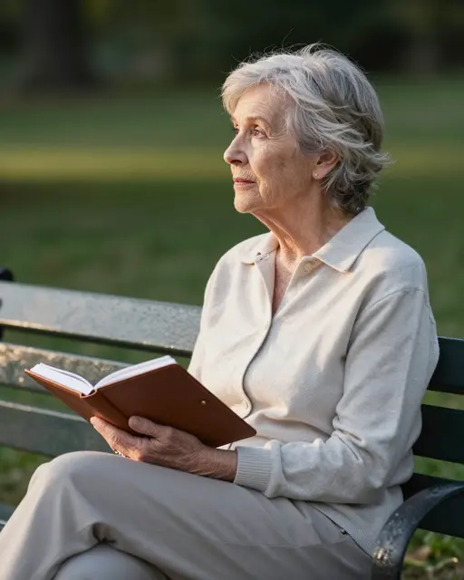 Elderly woman sits on a park bench holding a leather notebook, looking thoughtfully to the side in soft morning light