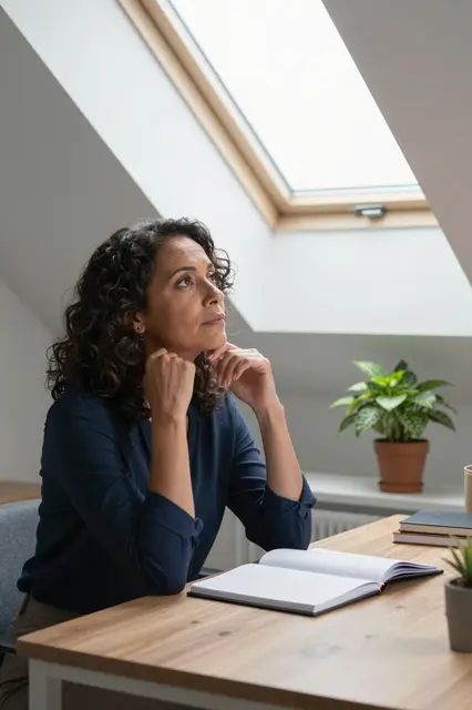 Contemplative mixed-race woman in her forties sits at a wooden attic desk beneath a skylight with notebooks and houseplants.