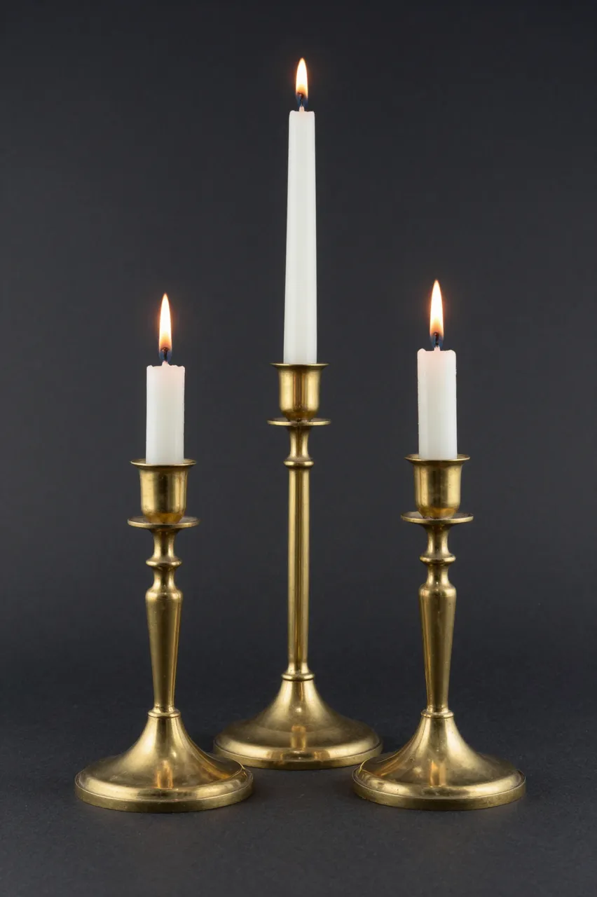 Three varying height brass candlesticks with lit white tapers against a dark background