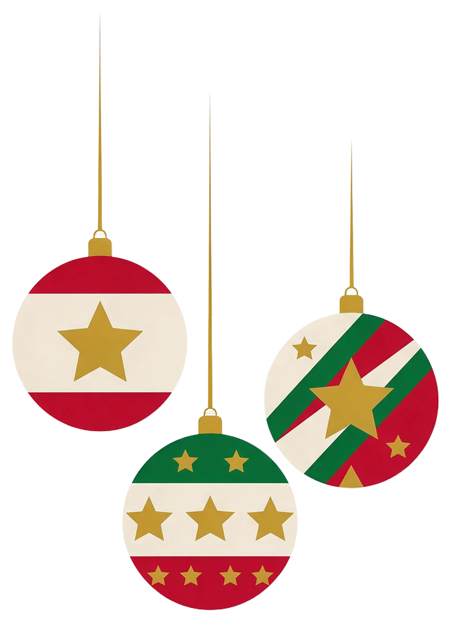 Three patterned round Christmas baubles hanging from thin gold strings at different heights