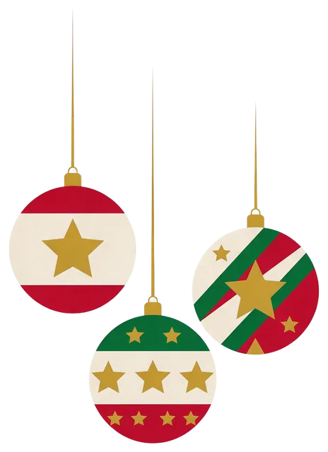 Three patterned round Christmas baubles hanging from thin gold strings at different heights