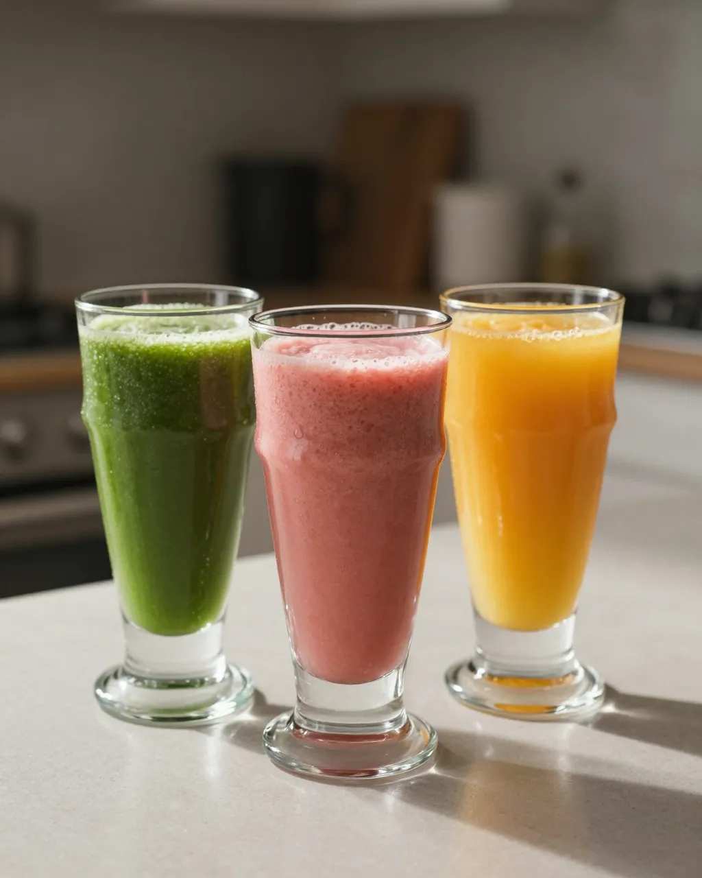 Three tall glasses of green, pink and orange smoothies sit on a bright kitchen countertop