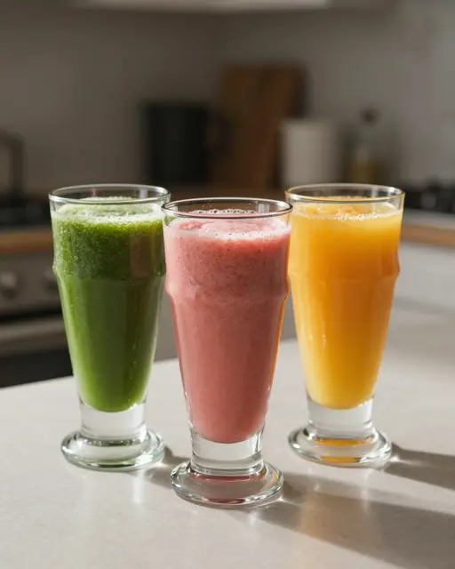 Three tall glasses of green, pink and orange smoothies sit on a bright kitchen countertop