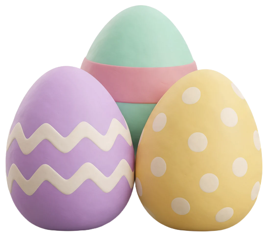 Three smooth clay-style decorated Easter eggs grouped closely together