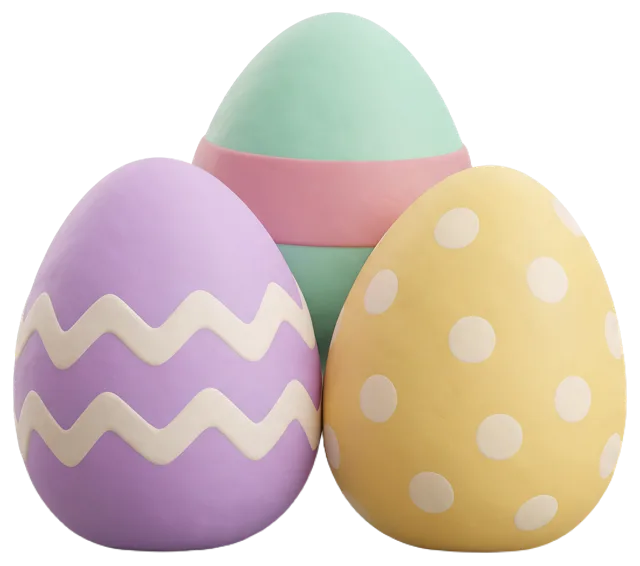 Three smooth clay-style decorated Easter eggs grouped closely together