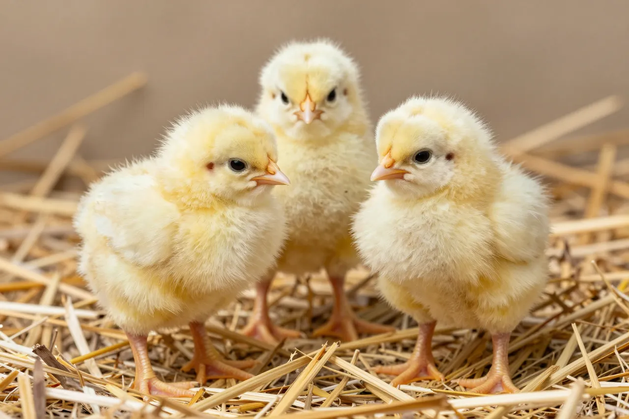 Three fluffy yellow baby chicks stand side by side on a bed of dry straw