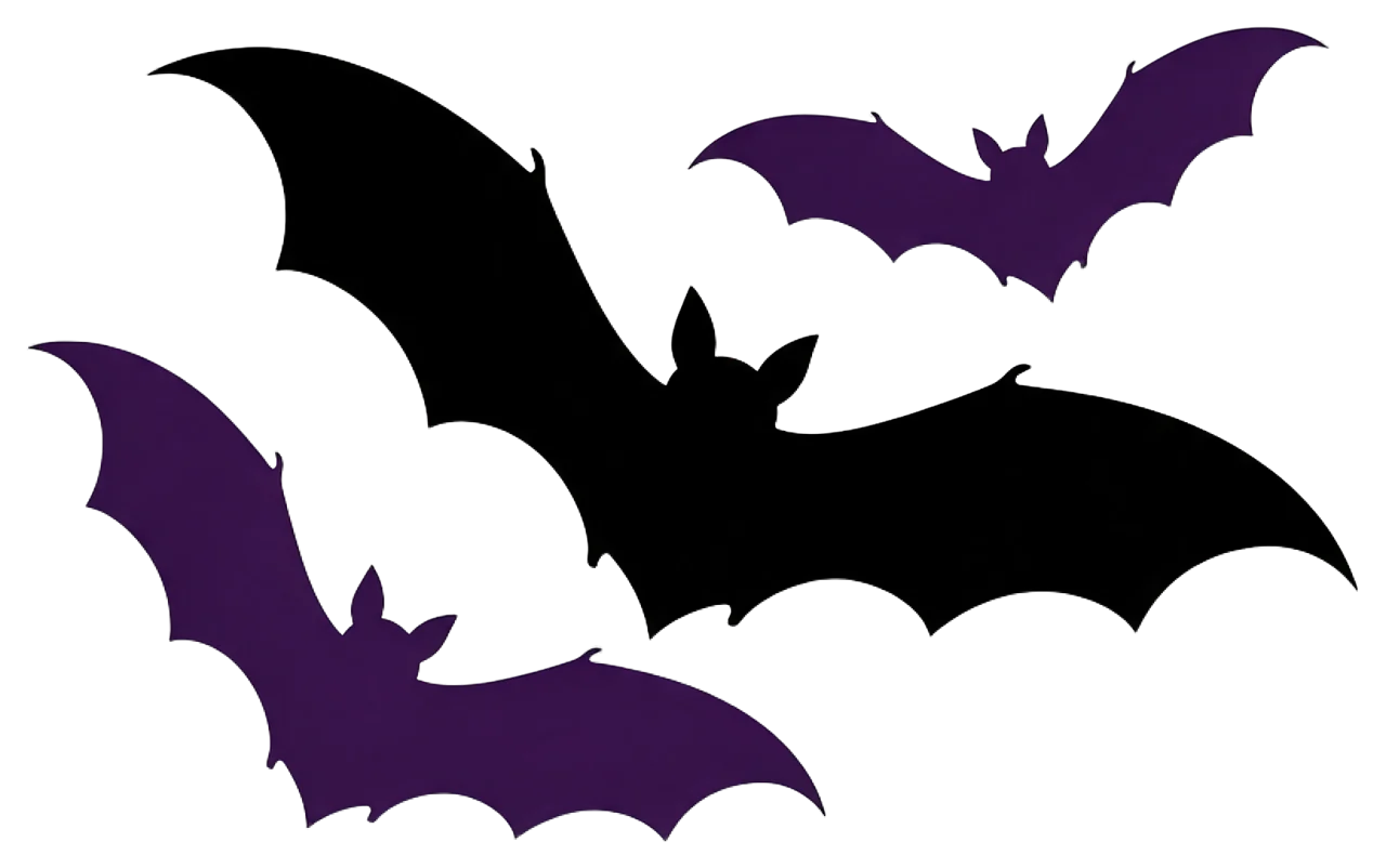 Three spread-wing bat silhouettes in black and dark purple, arranged in flight