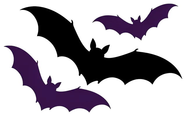 Three spread-wing bat silhouettes in black and dark purple, arranged in flight
