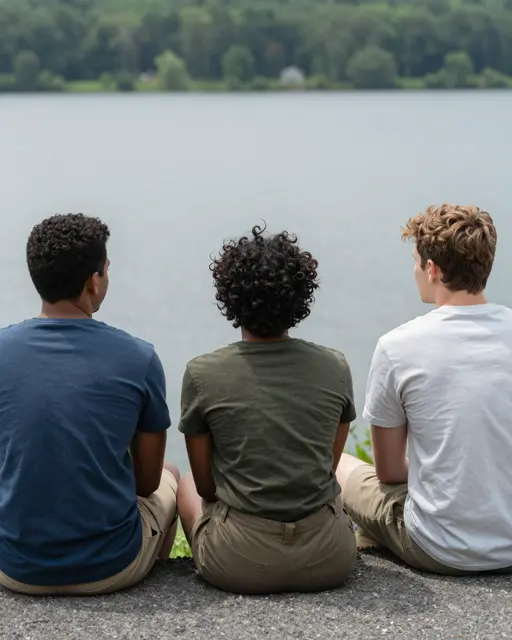 Three people viewed from behind sit side by side on a lakeside edge overlooking calm water and distant trees