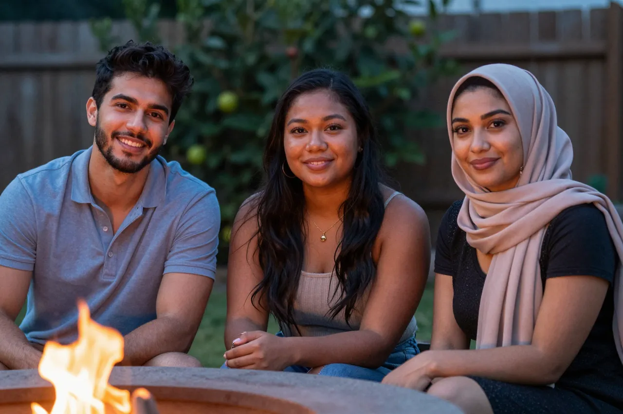 Three smiling friends sit together around a lit backyard fire pit at dusk
