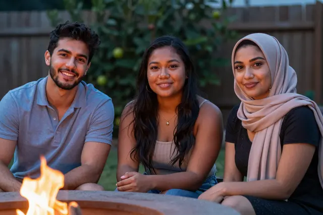 Three smiling friends sit together around a lit backyard fire pit at dusk