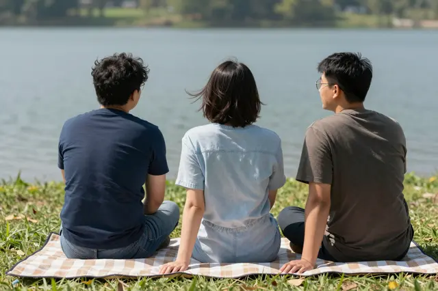 Three adult friends sit on a checkered picnic blanket on grass, viewed from behind, looking out over a calm lake.