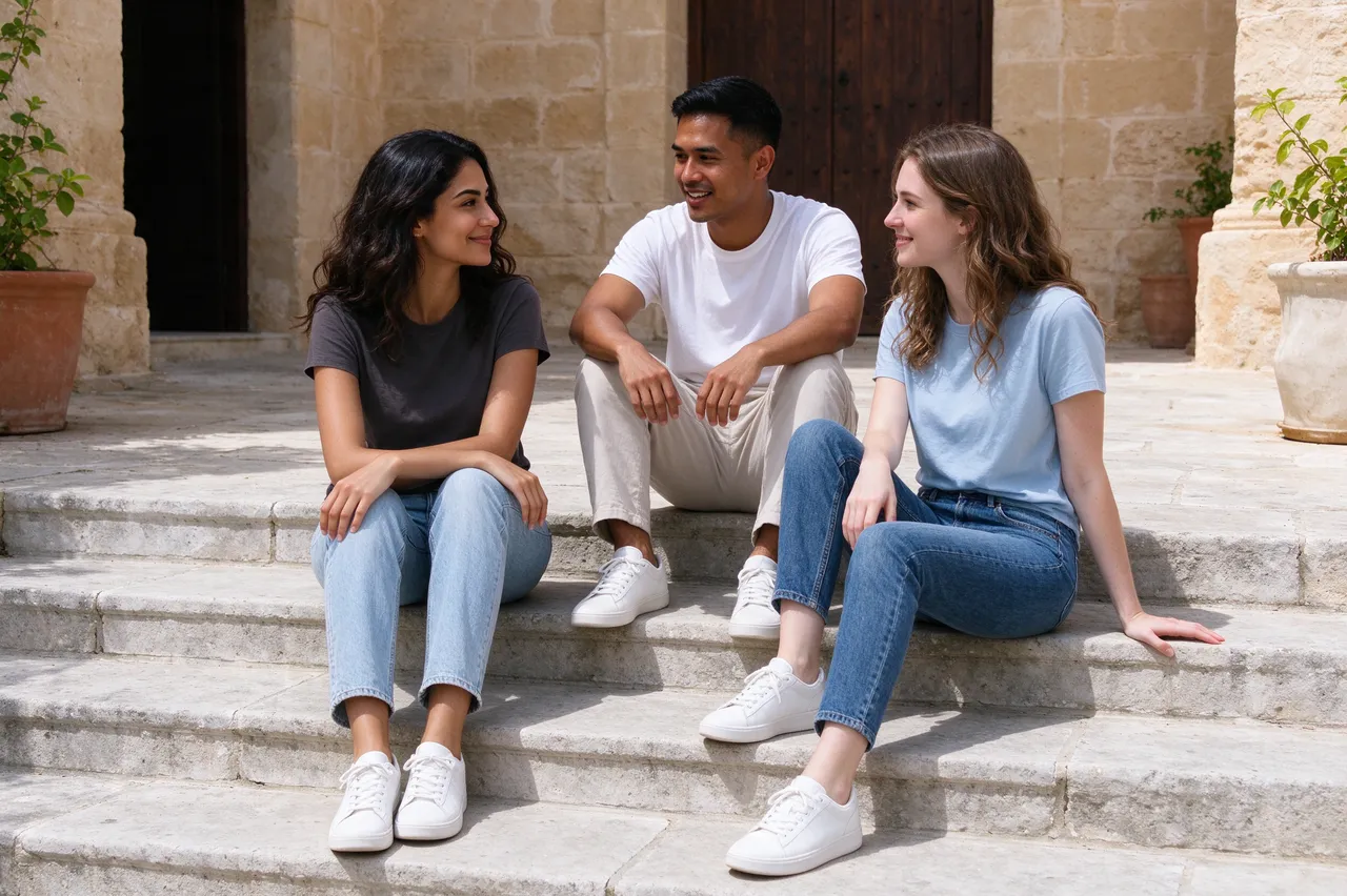 Three smiling late twenties friends sit and converse on sunny stone courtyard steps