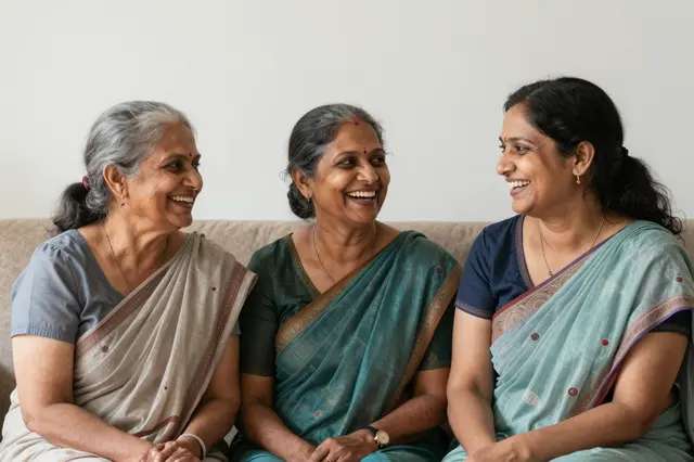 Three South Asian women of varying generations sit side by side on a beige sofa laughing together