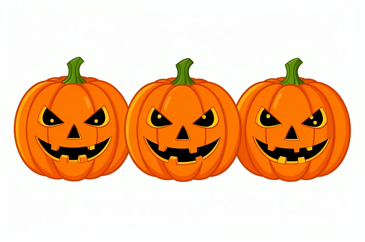 Three carved jack-o'-lanterns with grinning faces sit side by side on a plain white background