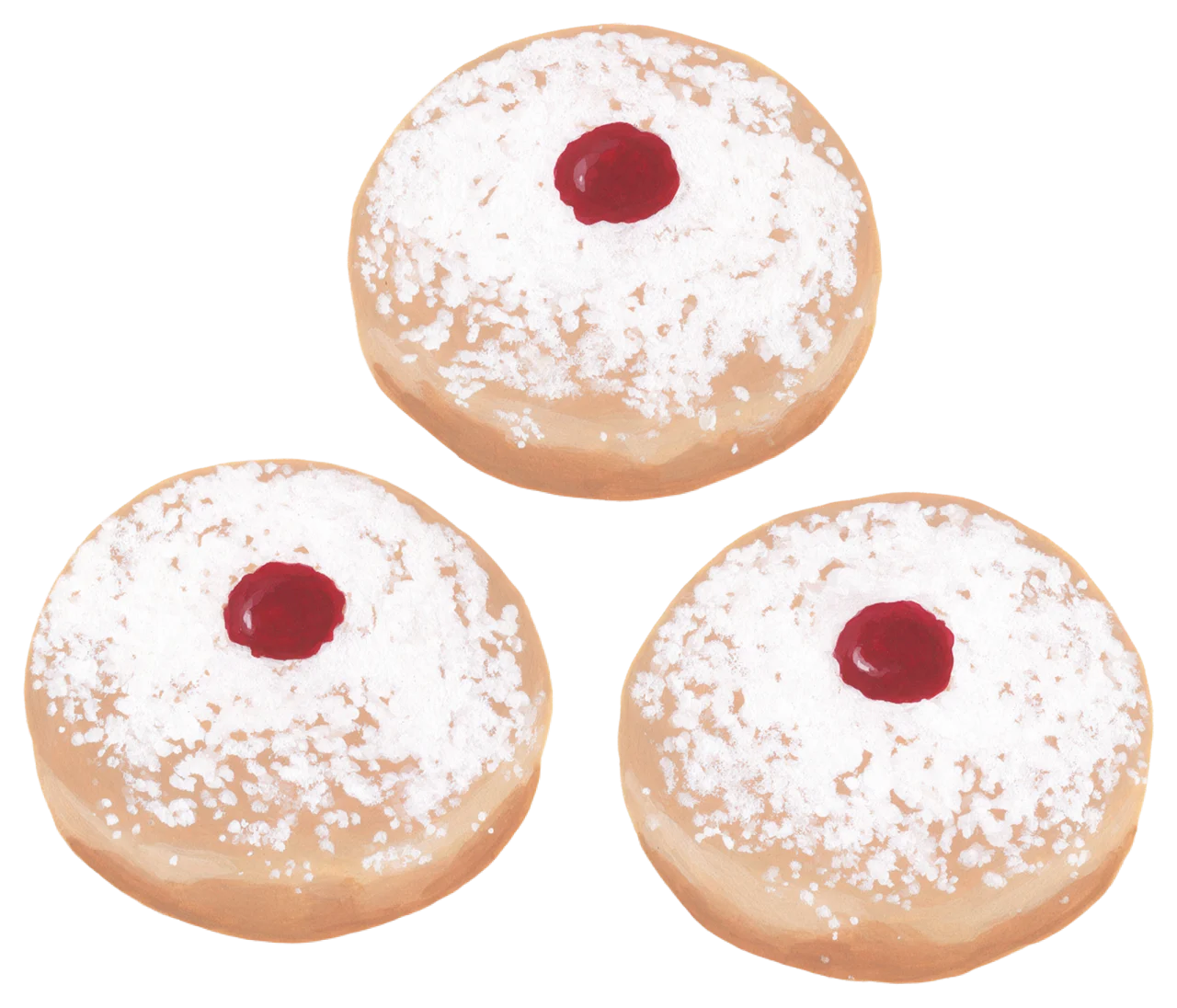 Hand-painted gouache illustration of three round jam doughnuts dusted with powdered sugar with red jam dots on top