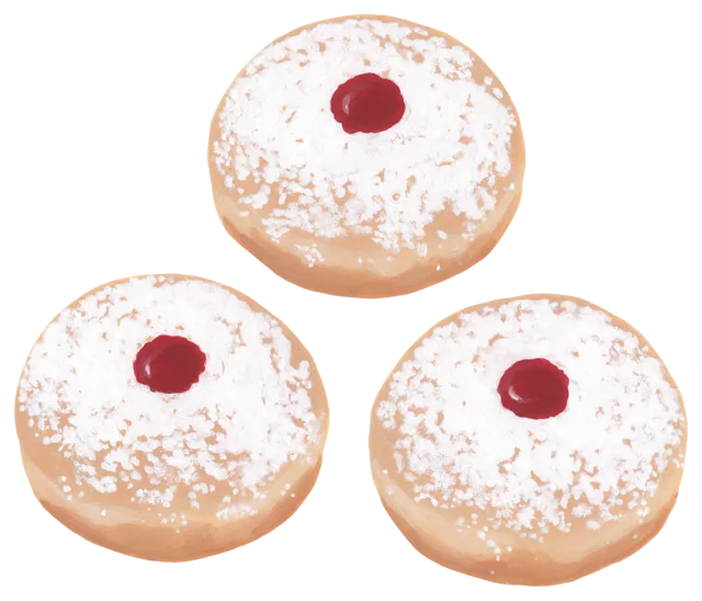 Hand-painted gouache illustration of three round jam doughnuts dusted with powdered sugar with red jam dots on top