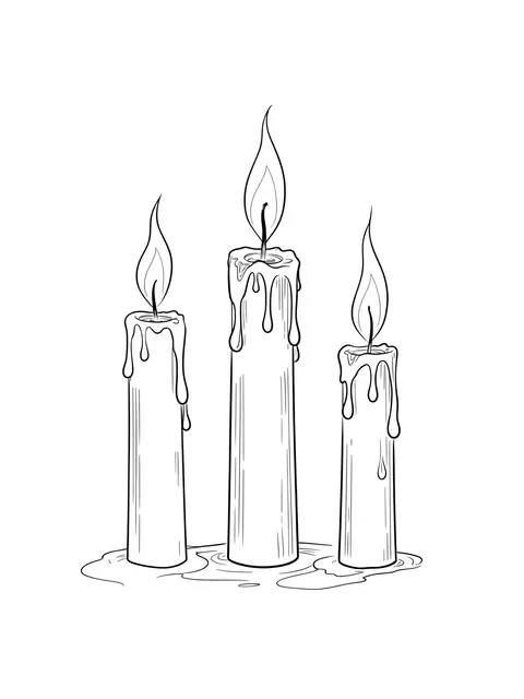 Fine single-weight line drawing of three differently sized lit melting candles with flickering flames on a plain white