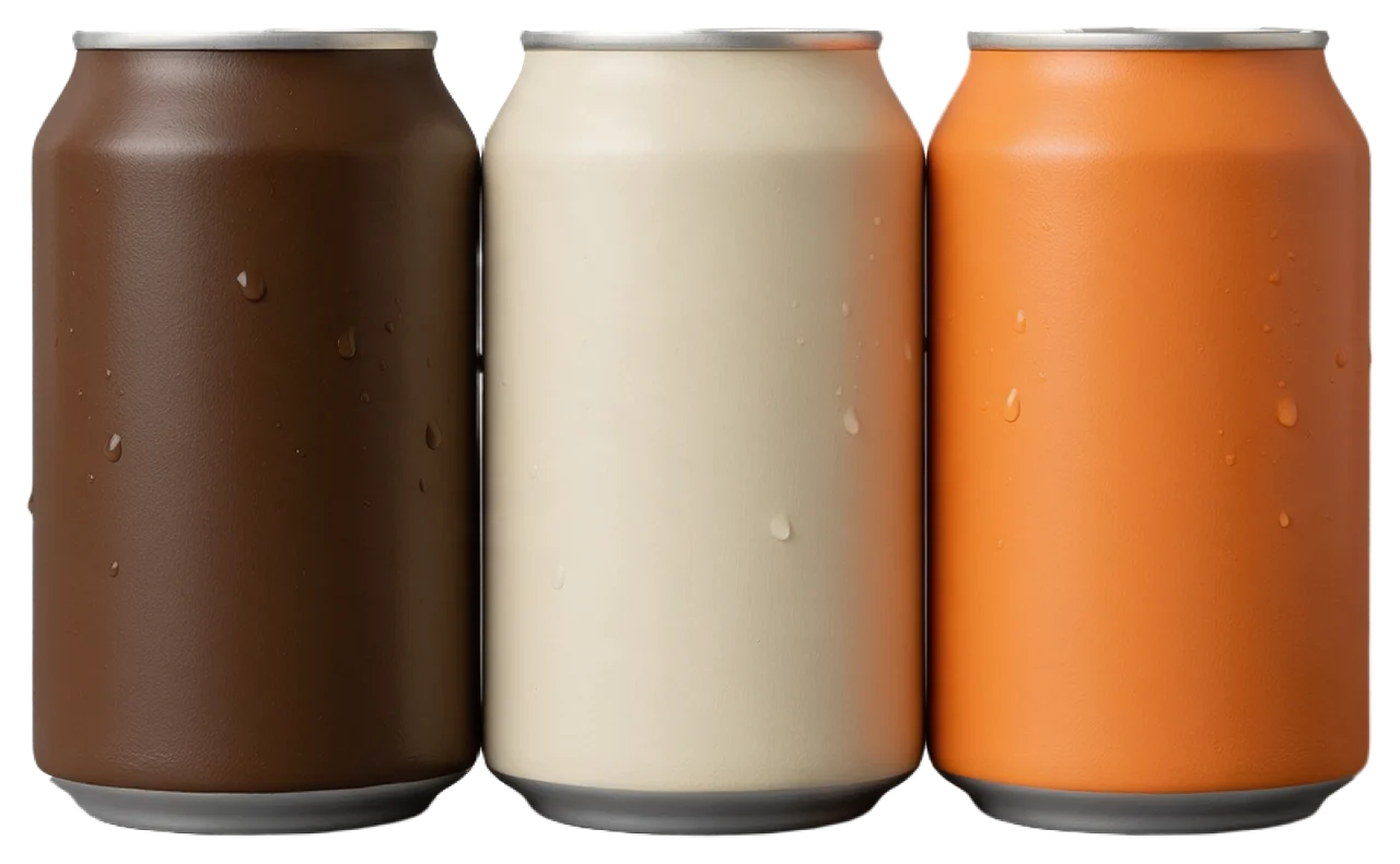 Three unlabelled matte aluminium drink cans in brown, cream and orange with condensation droplets stand side by side